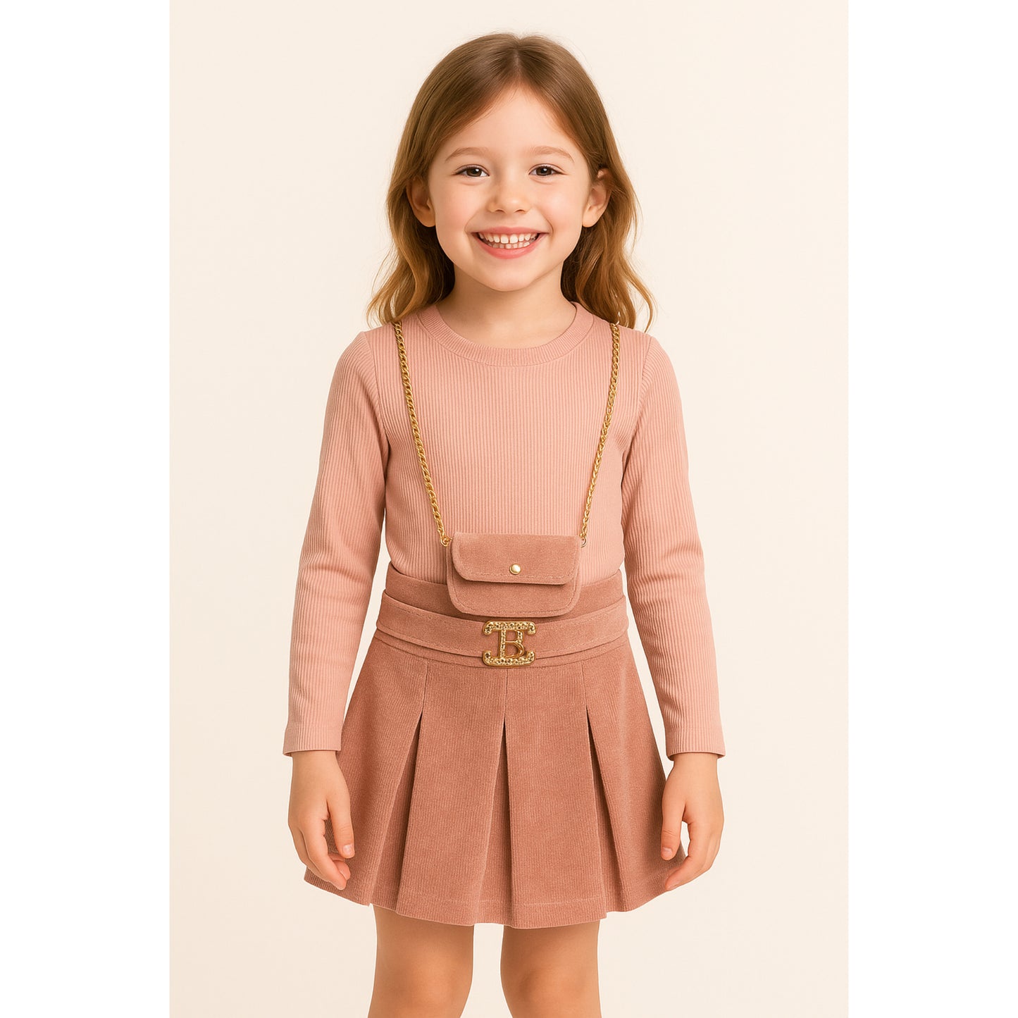 Meisjes set roze – plooirok met gouden details en bijpassend tasje