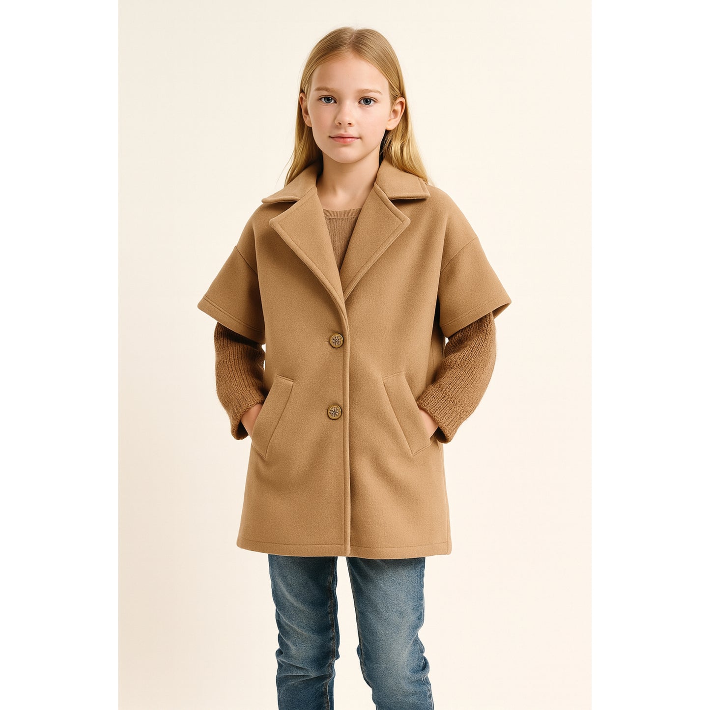 Meisjes jas beige – korte mouwen met gouden knopen en zakken