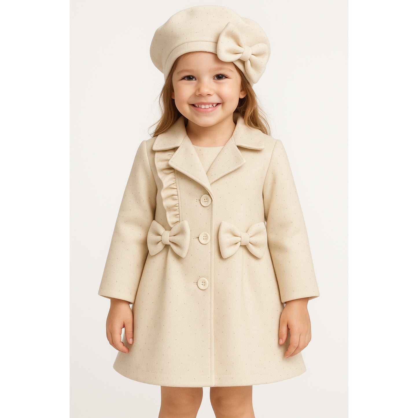 Meisjes mantel met strik – elegant zwart of crème met bijpassende baret