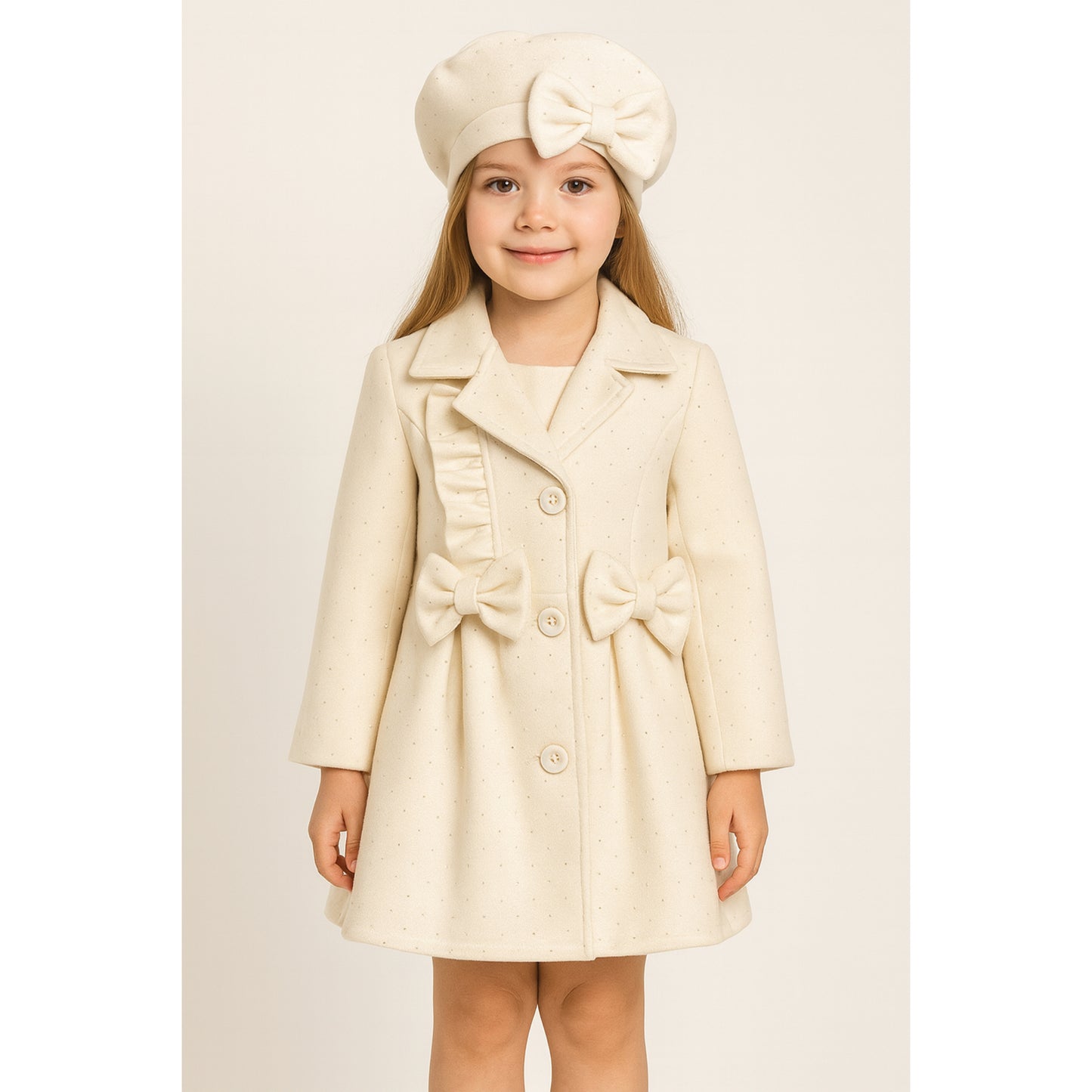 Meisjes mantel met strik – elegant zwart of crème met bijpassende baret