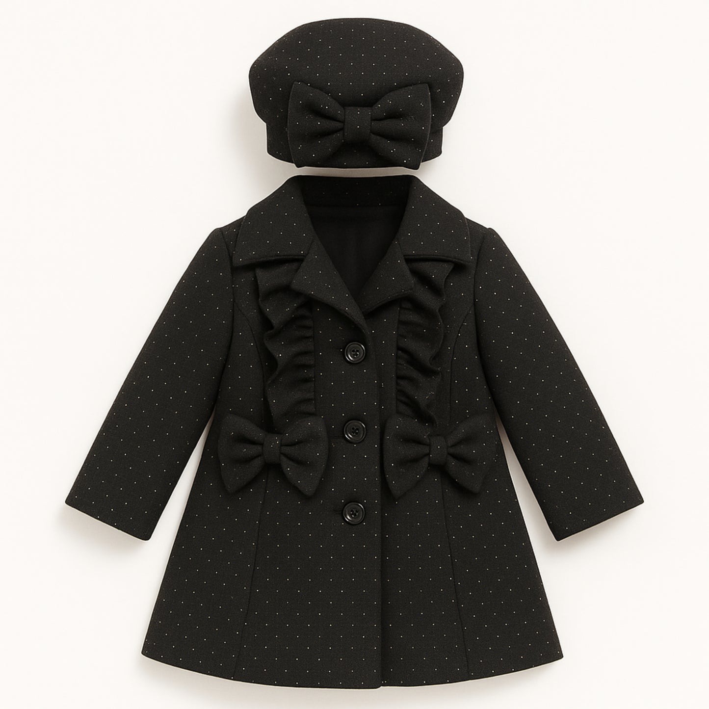 Meisjes mantel met strik – elegant zwart of crème met bijpassende baret