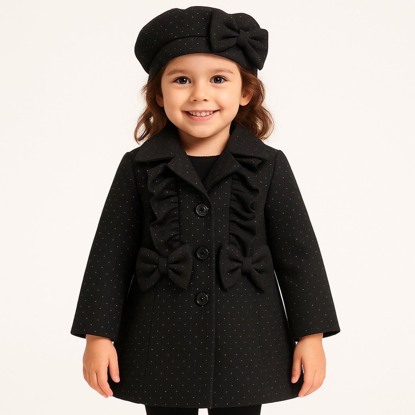 Meisjes mantel met strik – elegant zwart of crème met bijpassende baret