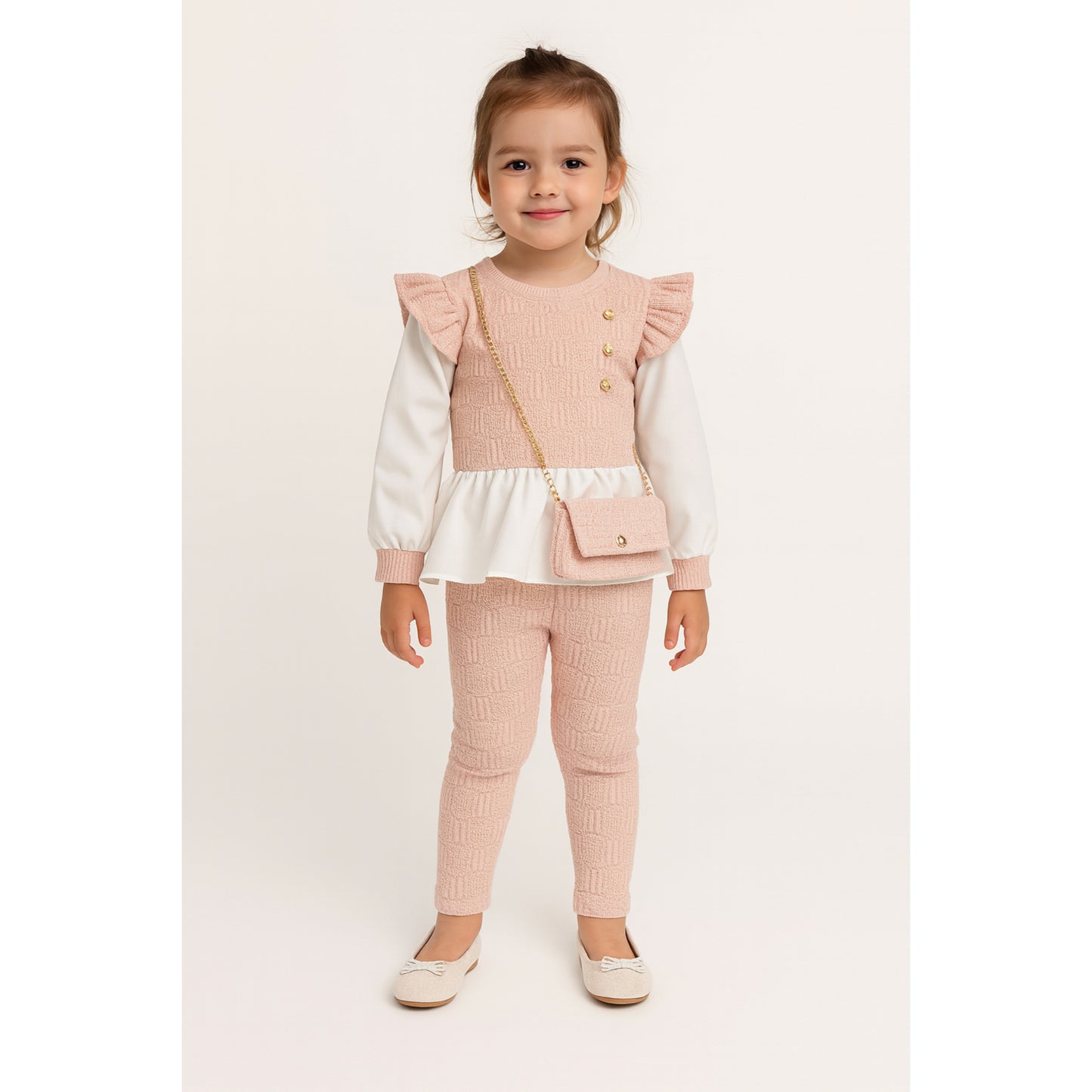 Meisjes set roze – 2-delig met ruffle top, gouden knopen en bijpassend tasje
