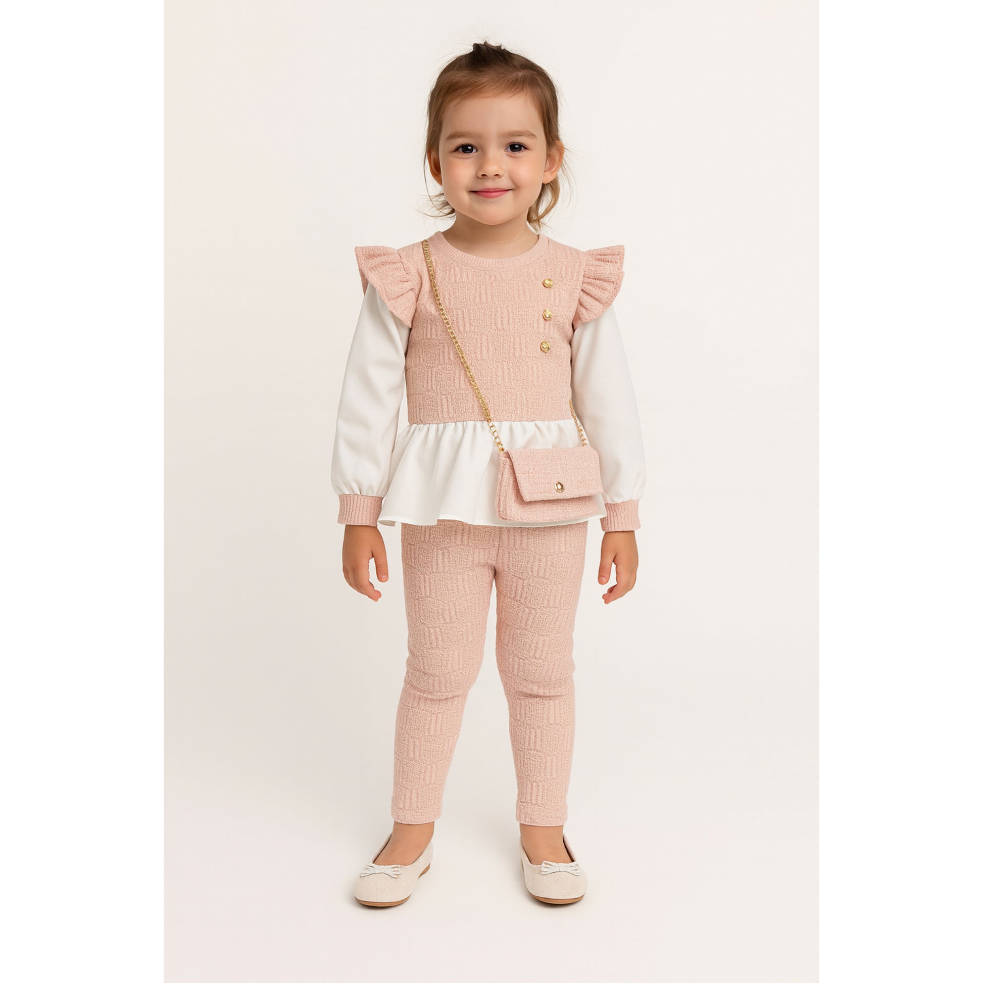 Meisjes set roze – 2-delig met ruffle top, gouden knopen en bijpassend tasje