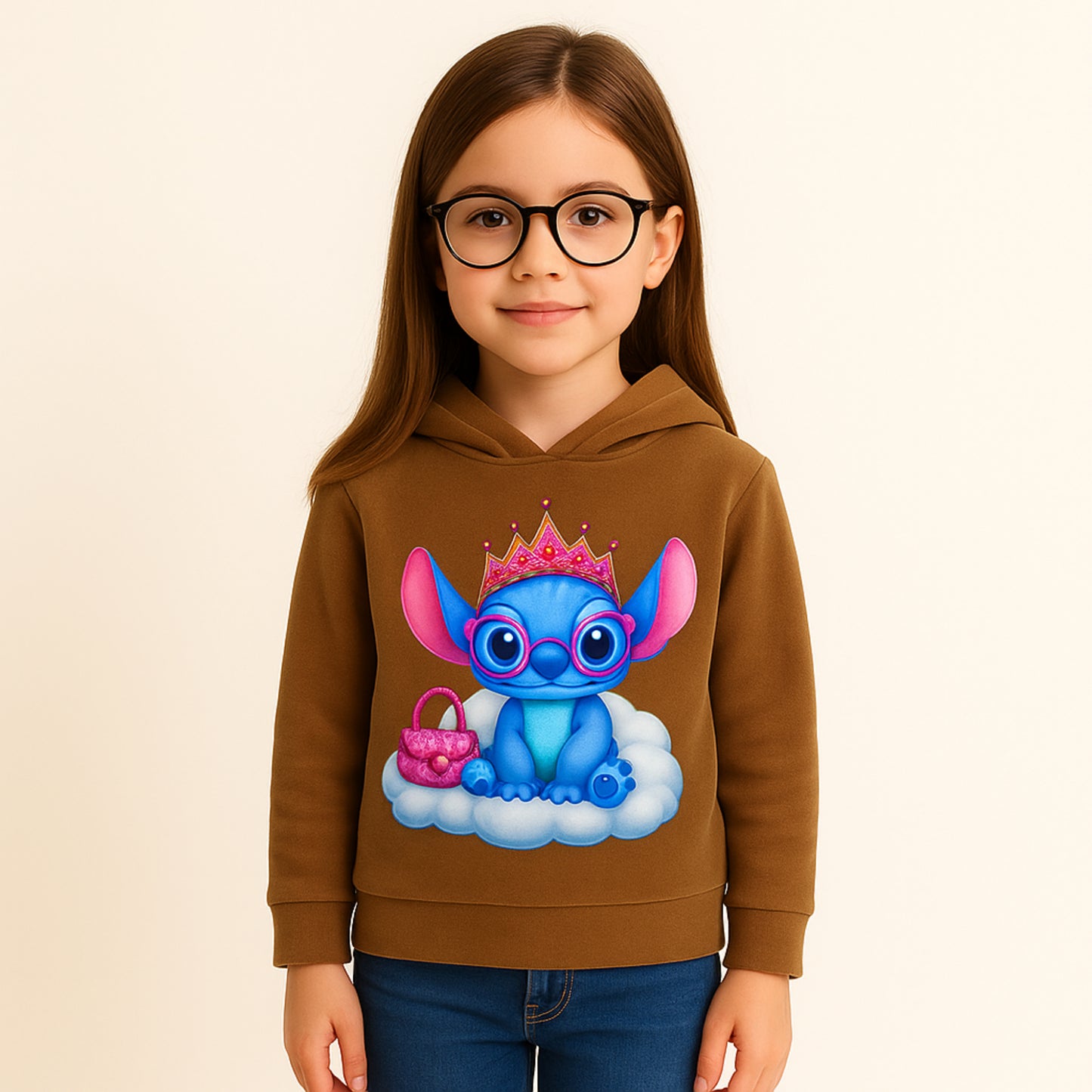 Kinder hoodie bruin – met blauwe cartoon figuur en kroon print