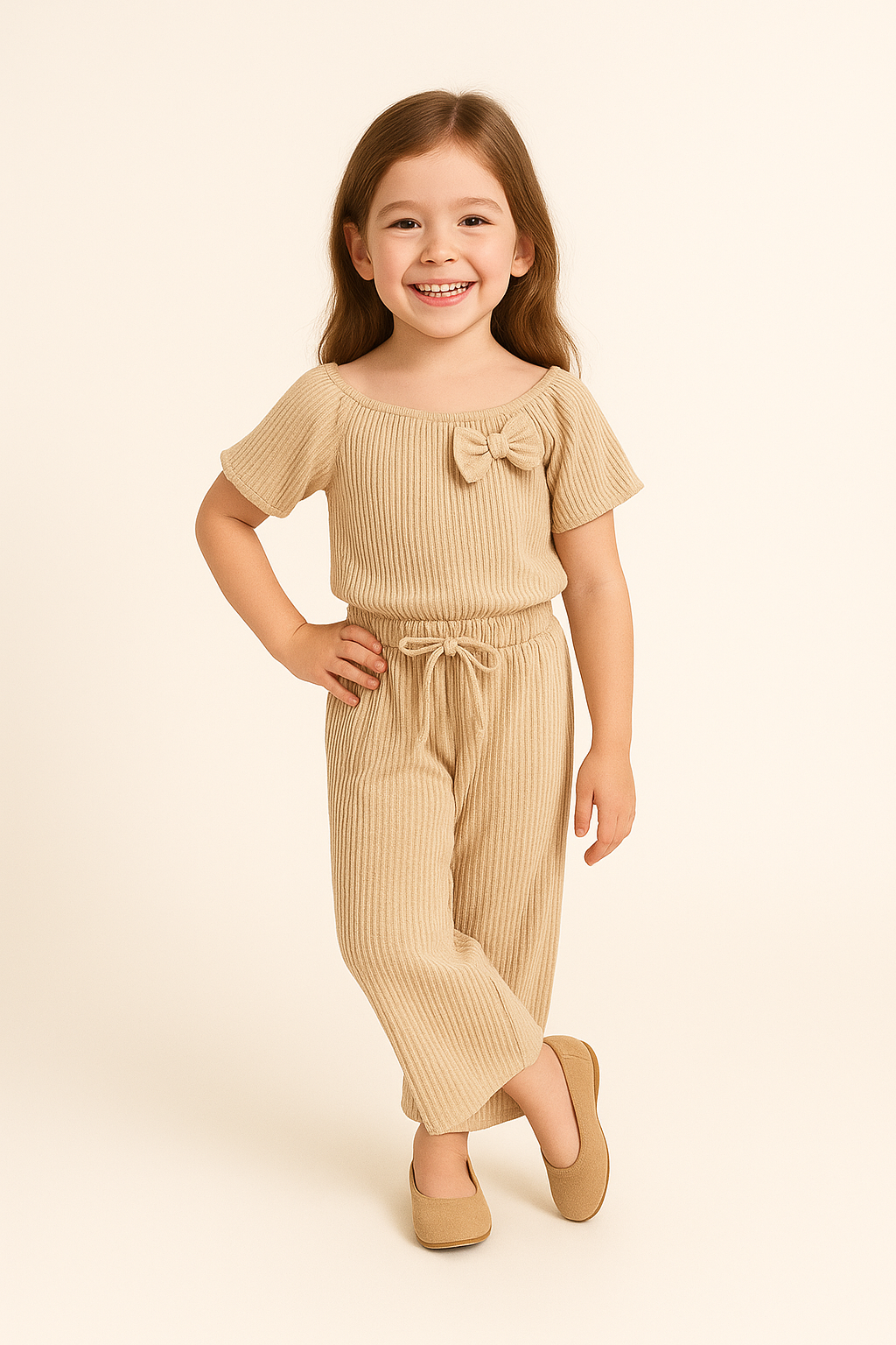 Meisjes set met off-shoulder top en zwarte broek – comfortabel en trendy