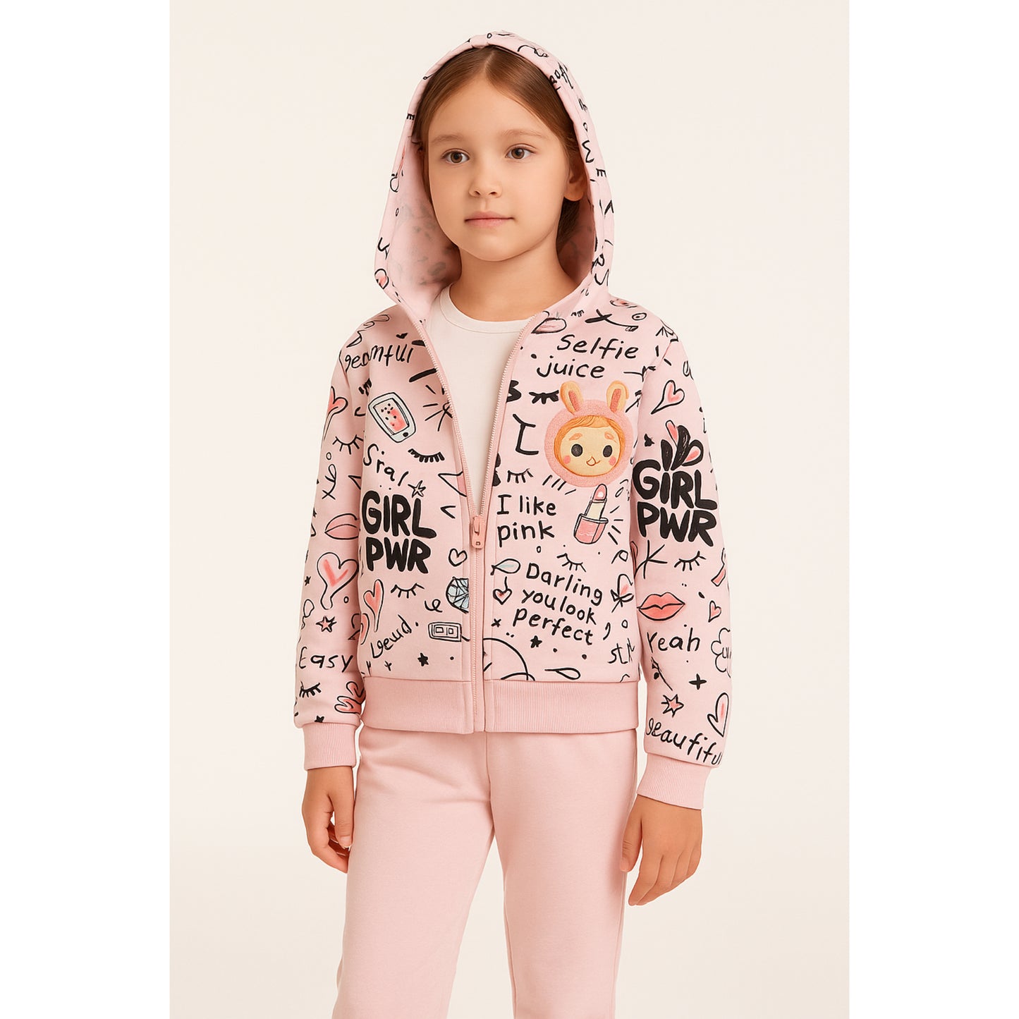 Meisjes joggingpak roze – hoodie met GIRL PWR print en bijpassende broek