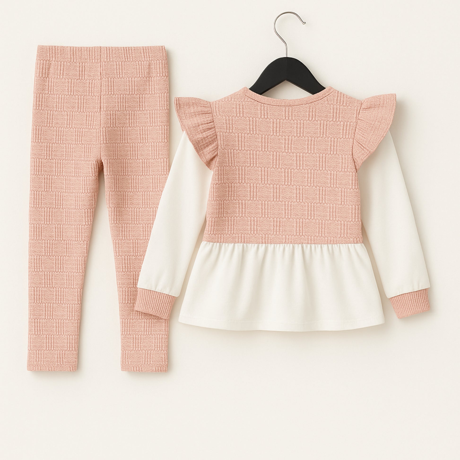 Meisjes set roze – 2-delig met ruffle top, gouden knopen en bijpassend tasje