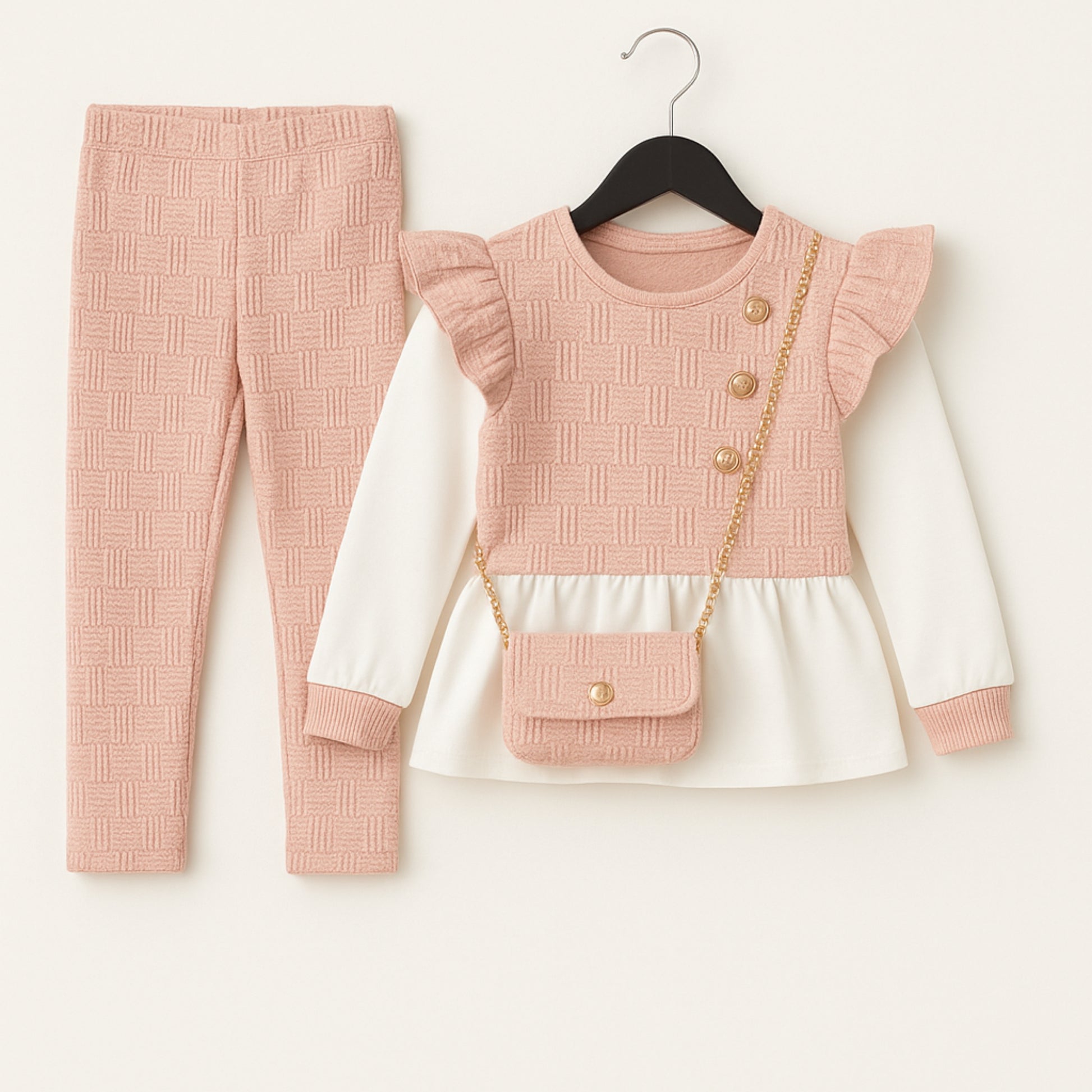 Meisjes set roze – 2-delig met ruffle top, gouden knopen en bijpassend tasje