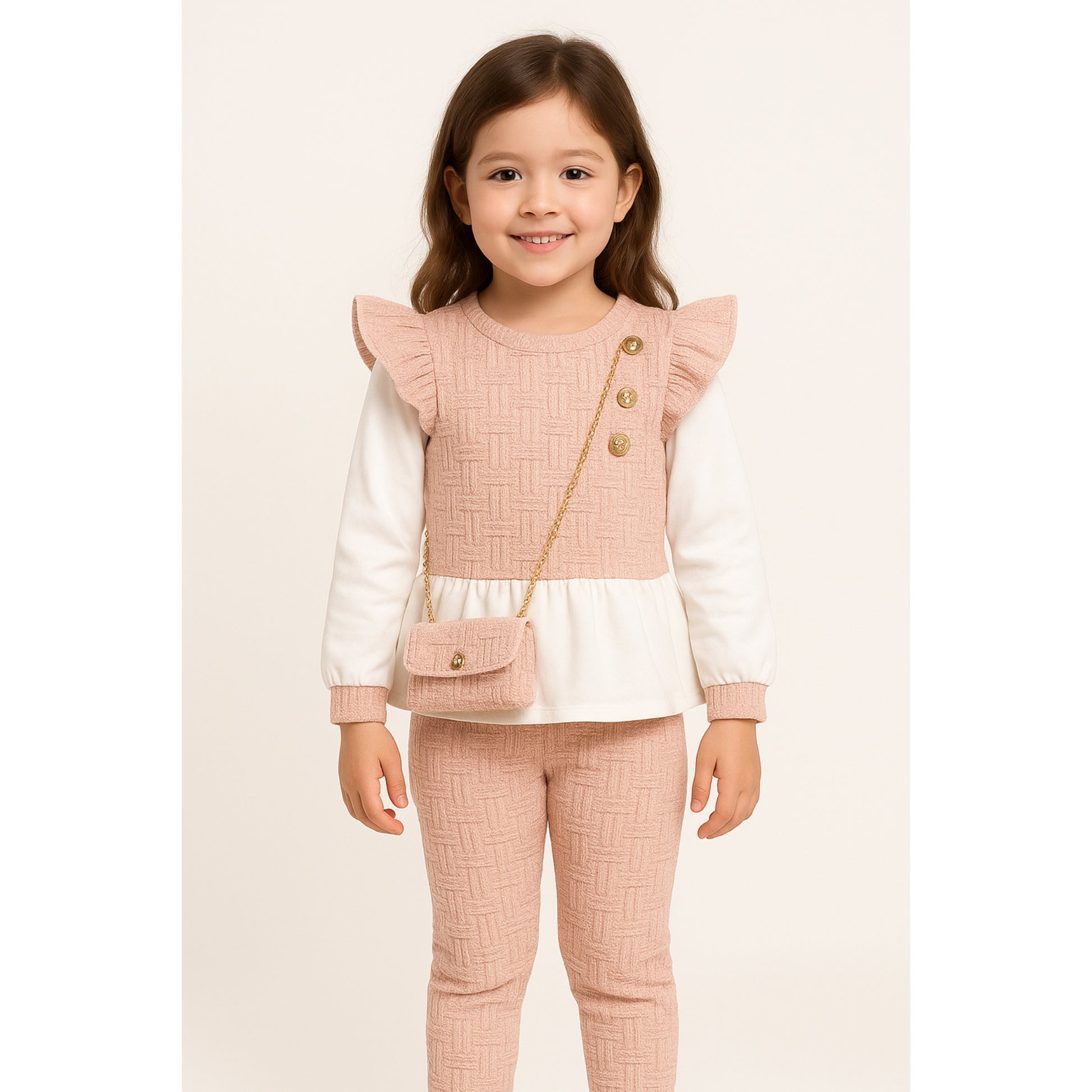 Meisjes set roze – 2-delig met ruffle top, gouden knopen en bijpassend tasje