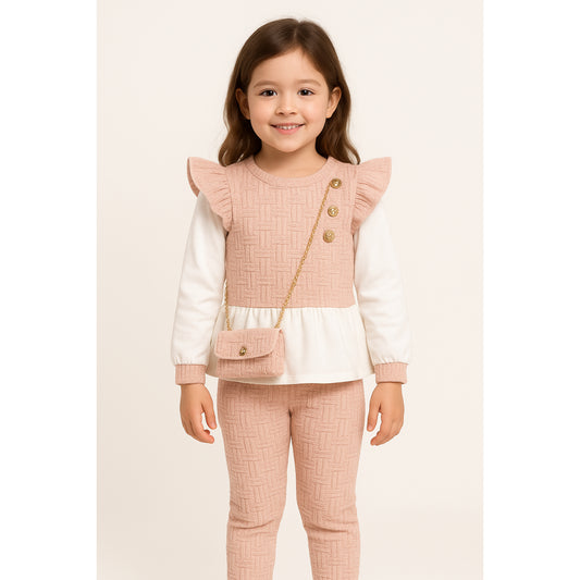 Meisjes set roze – 2-delig met ruffle top, gouden knopen en bijpassend tasje