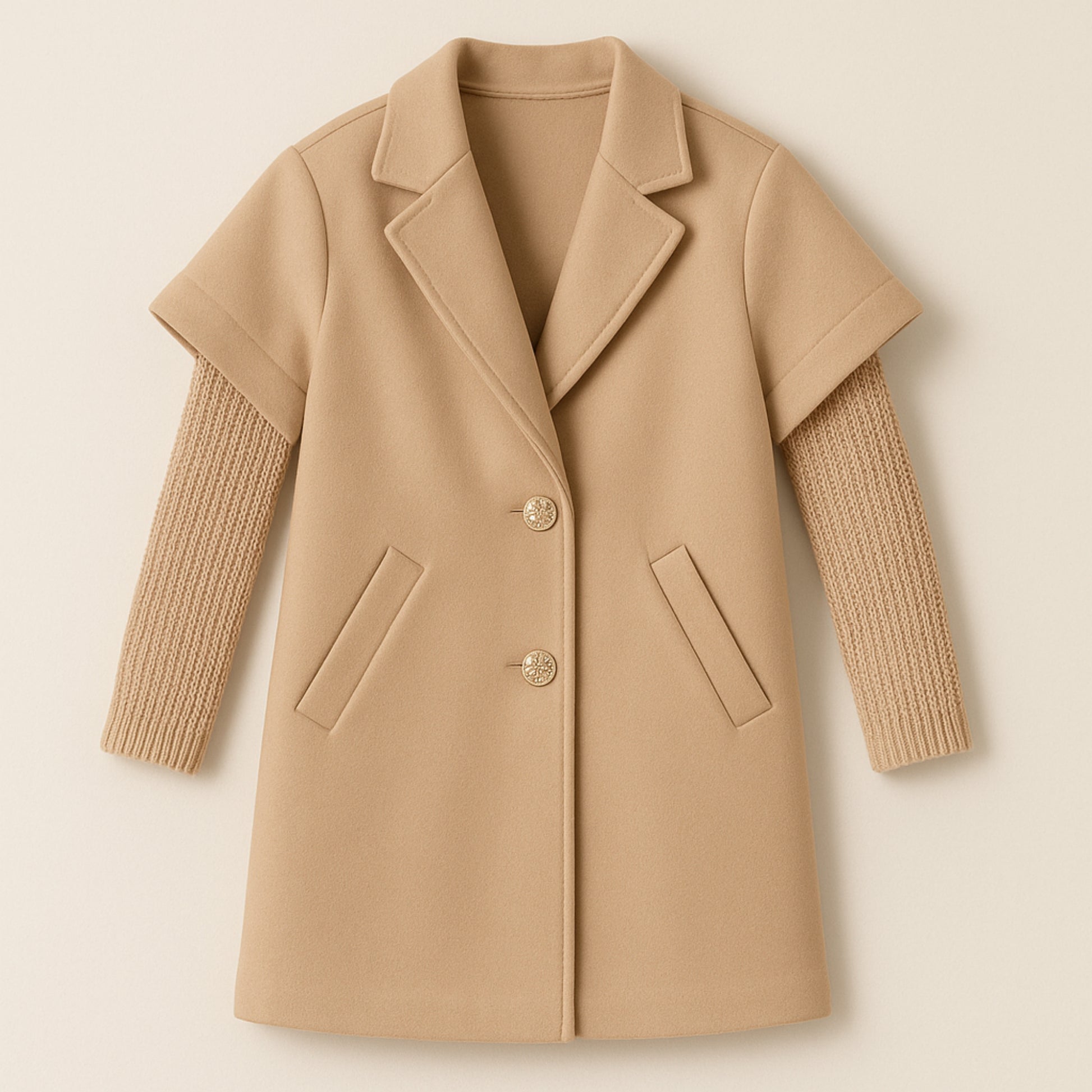 Meisjes jas beige – korte mouwen met gouden knopen en zakken