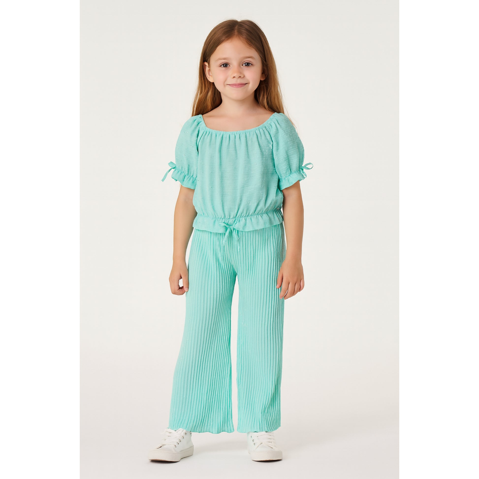 Meisjes set in aqua blauw – off-shoulder top met wijde broek