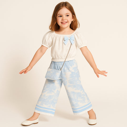 Meisjes set met witte top en blauwe printbroek – inclusief schoudertasje