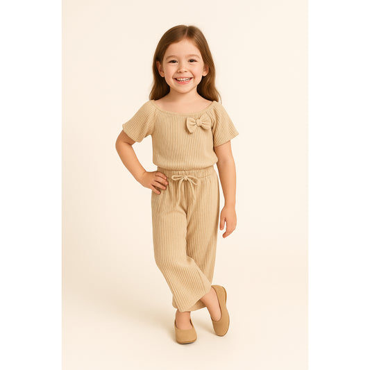 Meisjes tweedelige set beige – top met ruches en broek