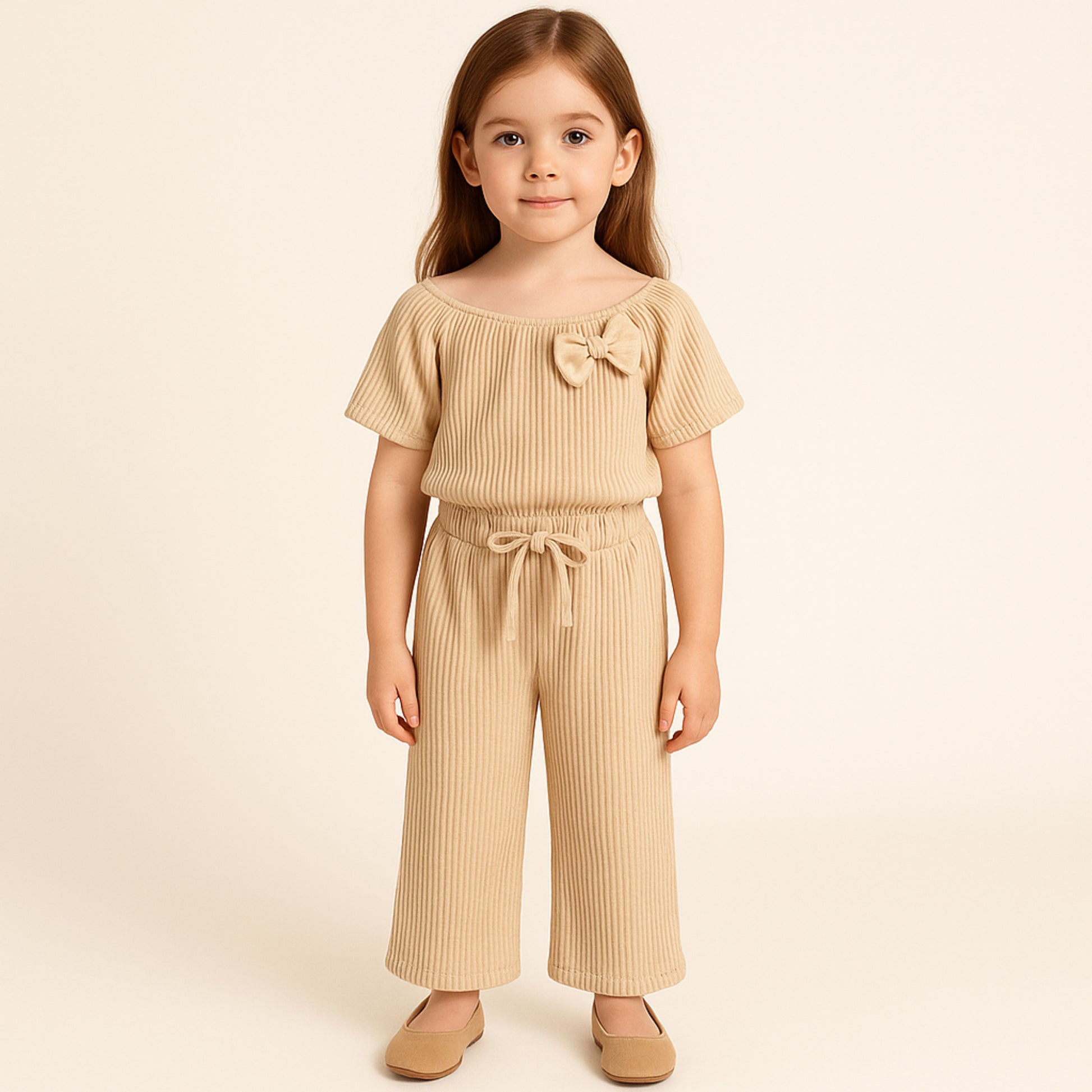 Meisjes tweedelige set beige – top met ruches en broek