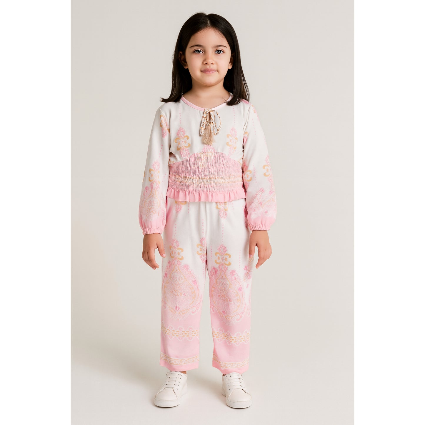 Meisjes set met roze-oranje print – top met lange mouwen en wijde broek