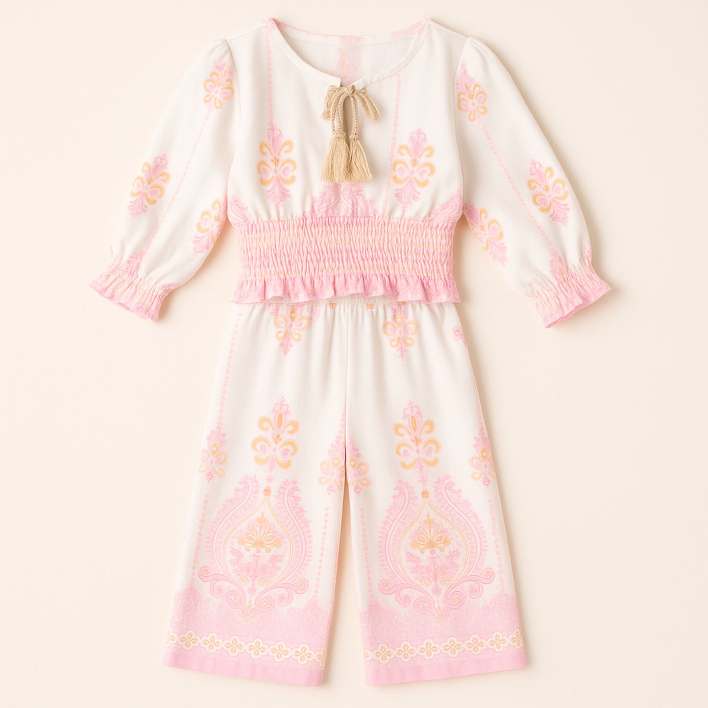 Meisjes set met roze-oranje print – top met lange mouwen en wijde broek