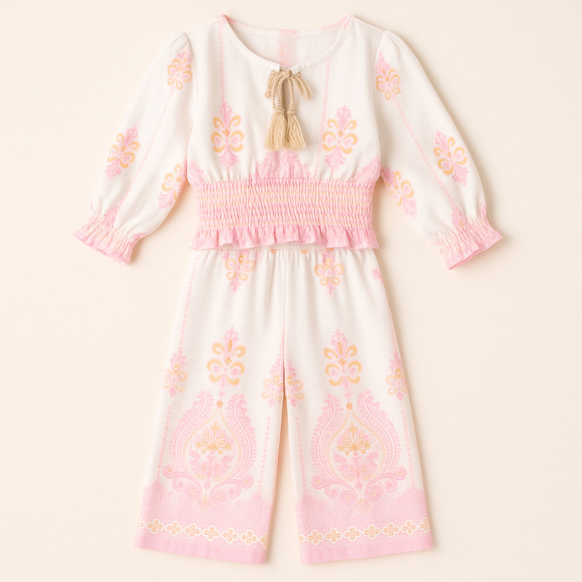 Meisjes set met roze-oranje print – top met lange mouwen en wijde broek