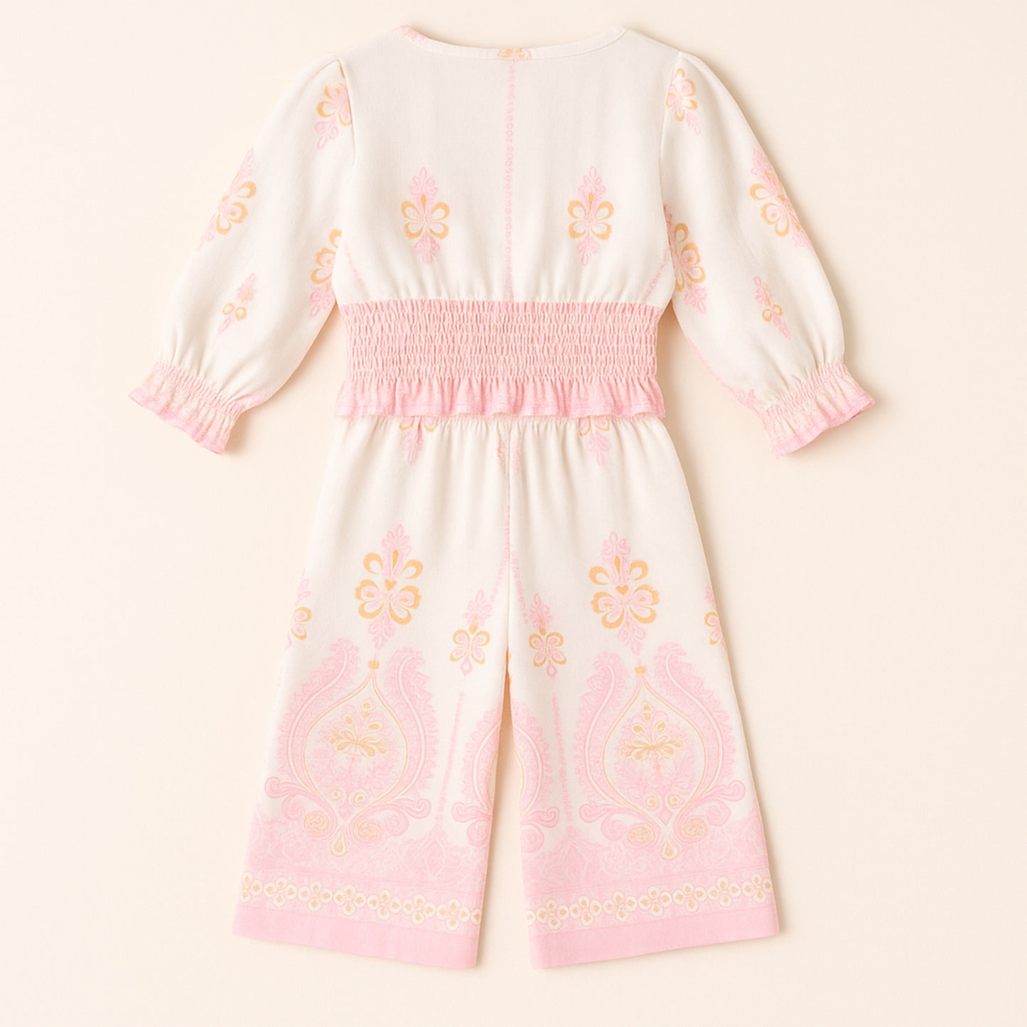 Meisjes set met roze-oranje print – top met lange mouwen en wijde broek