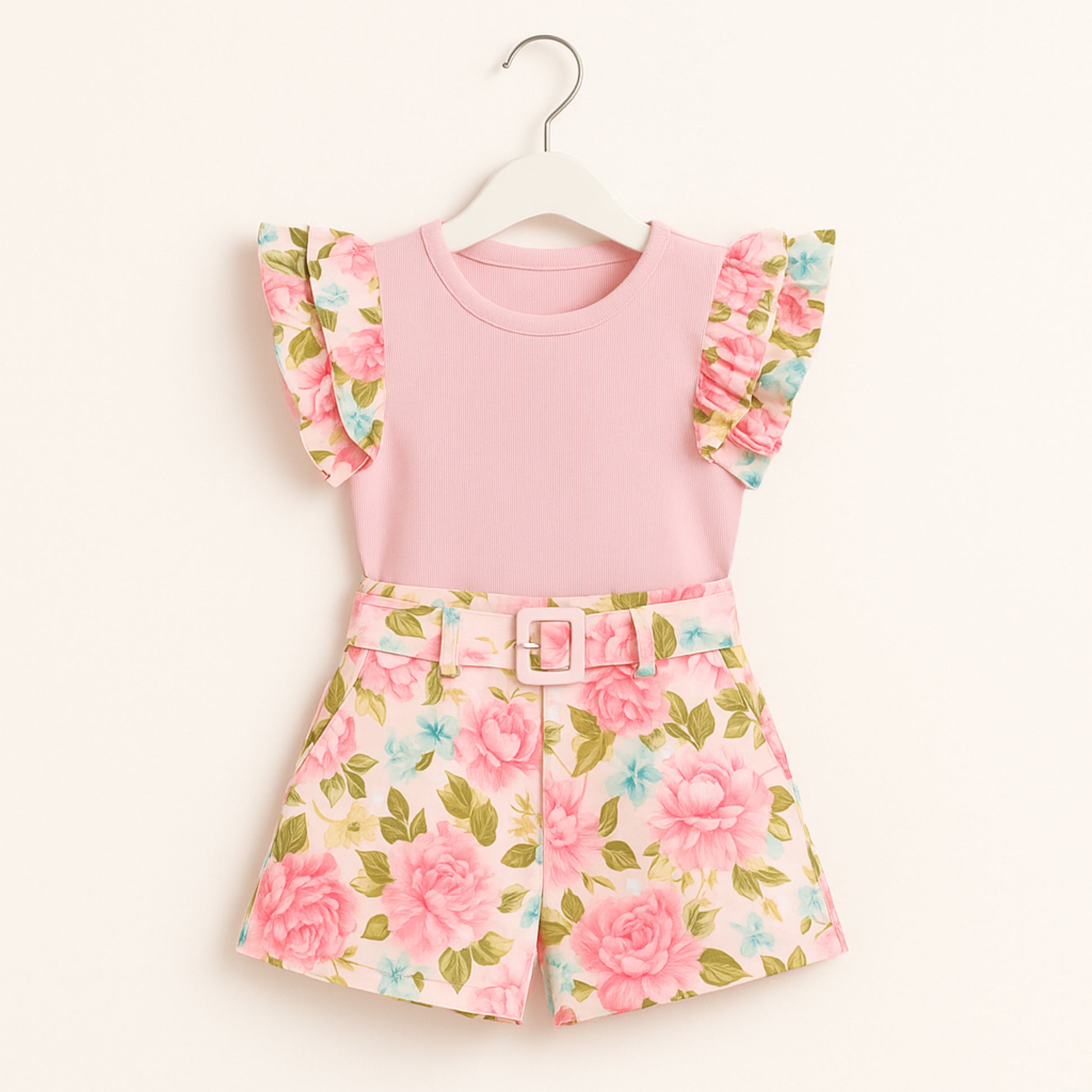 Meisjes set met roze top en bloemen short – inclusief riem