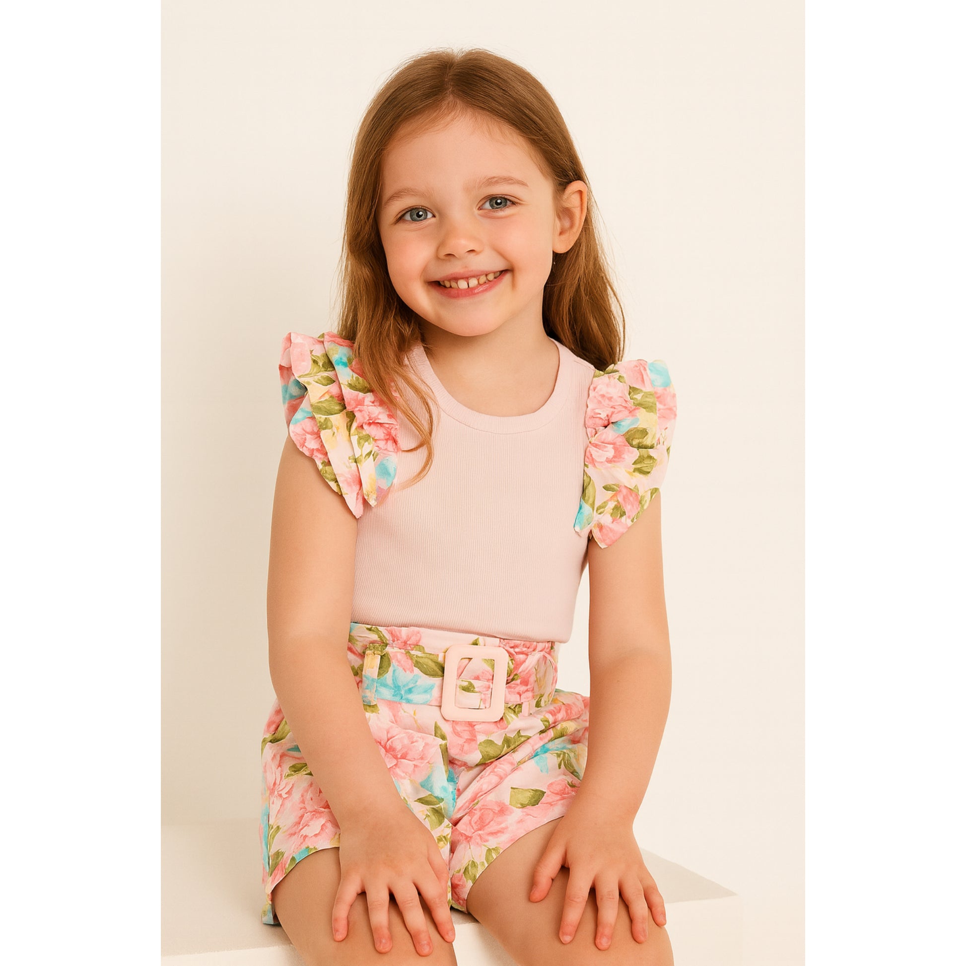 Meisjes set met roze top en bloemen short – inclusief riem
