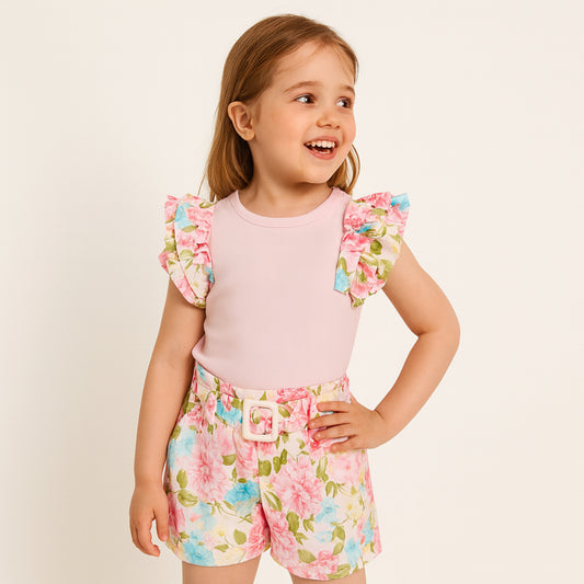 Meisjes set met roze top en bloemen short – inclusief riem