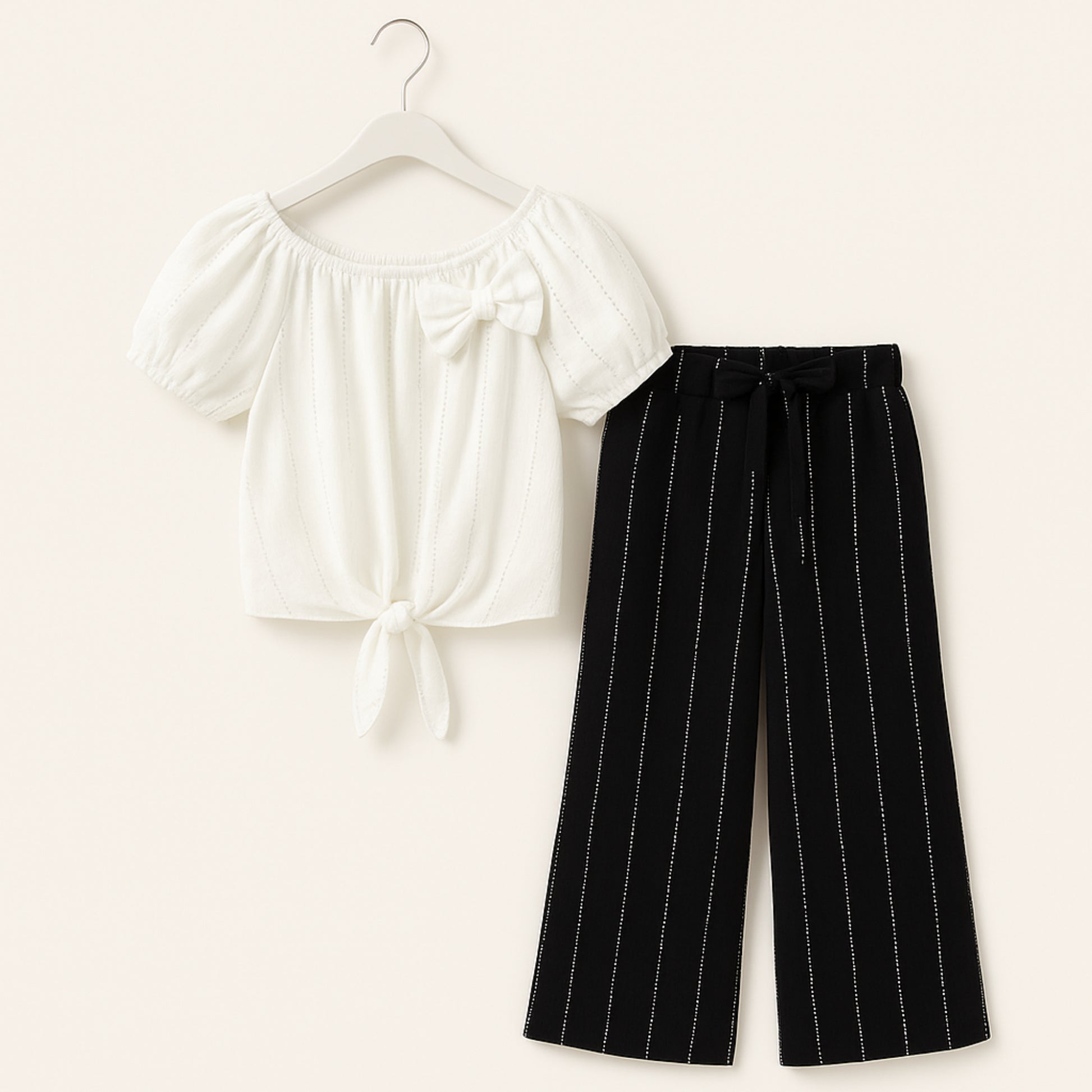 Meisjes set met off-shoulder top en zwarte broek – comfortabel en trendy