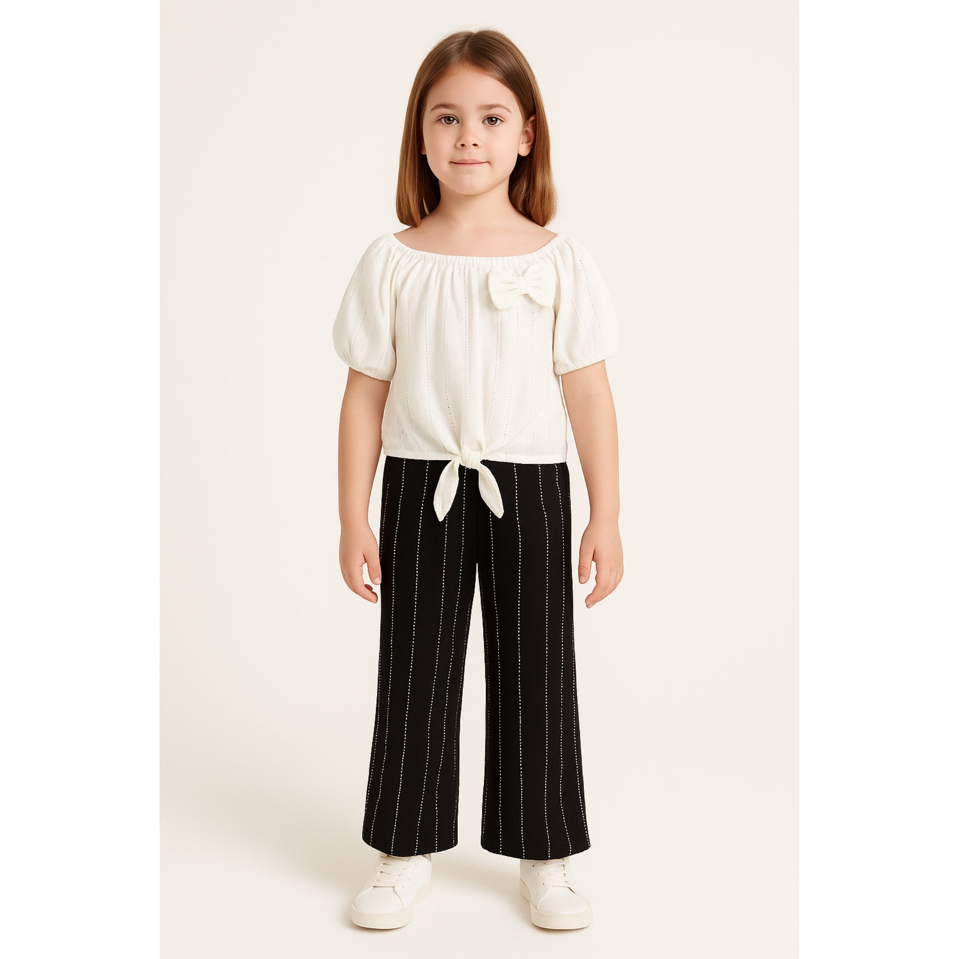 Meisjes set met off-shoulder top en zwarte broek – comfortabel en trendy