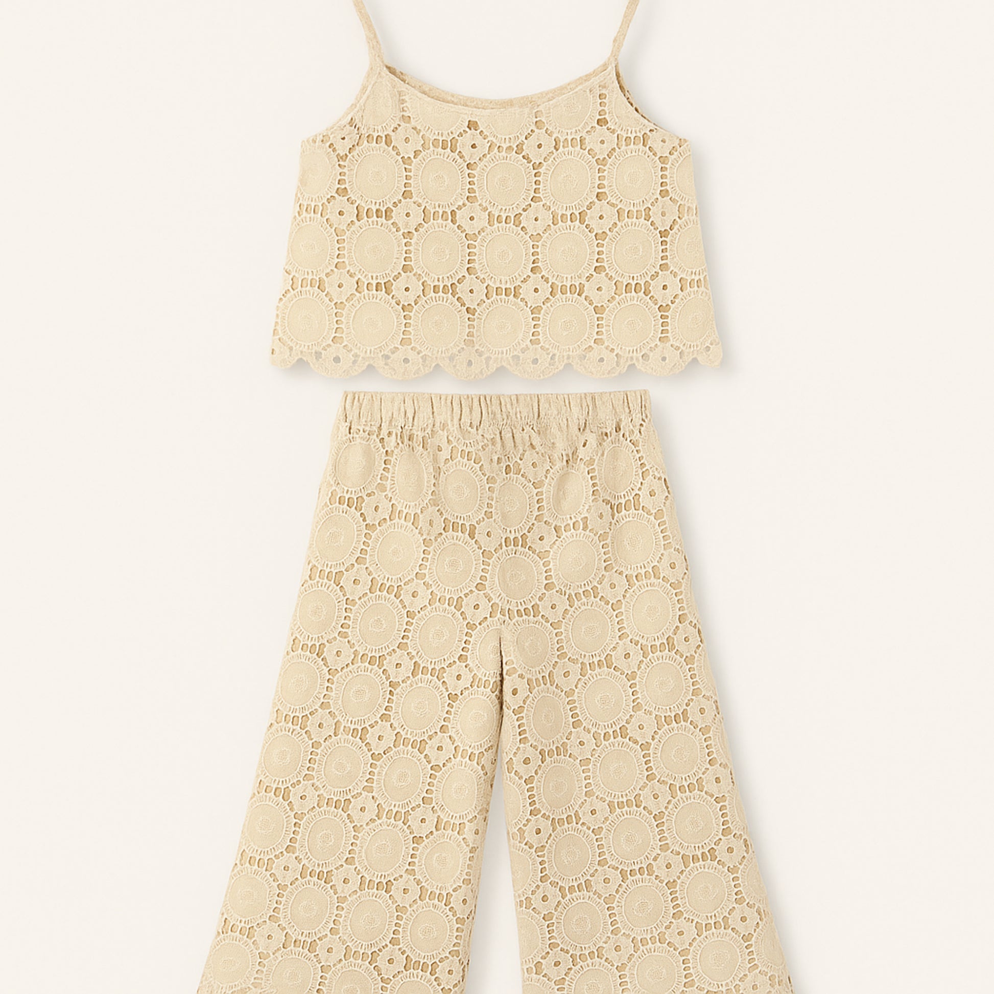 Beige meisjes set – kanten top met spaghetti bandjes & wijde broek
