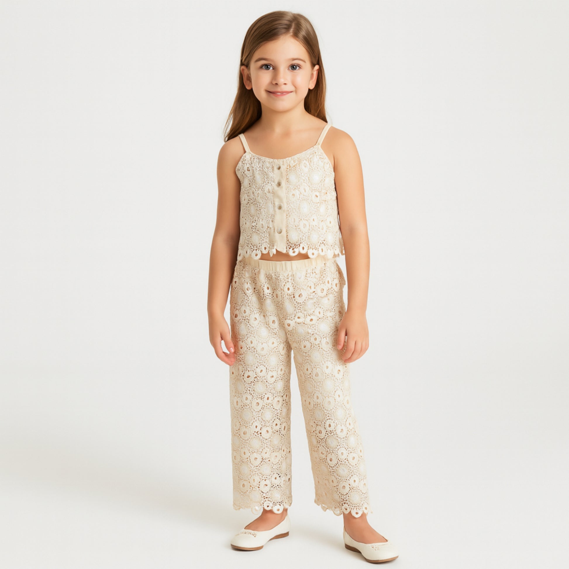 Beige meisjes set – kanten top met spaghetti bandjes & wijde broek