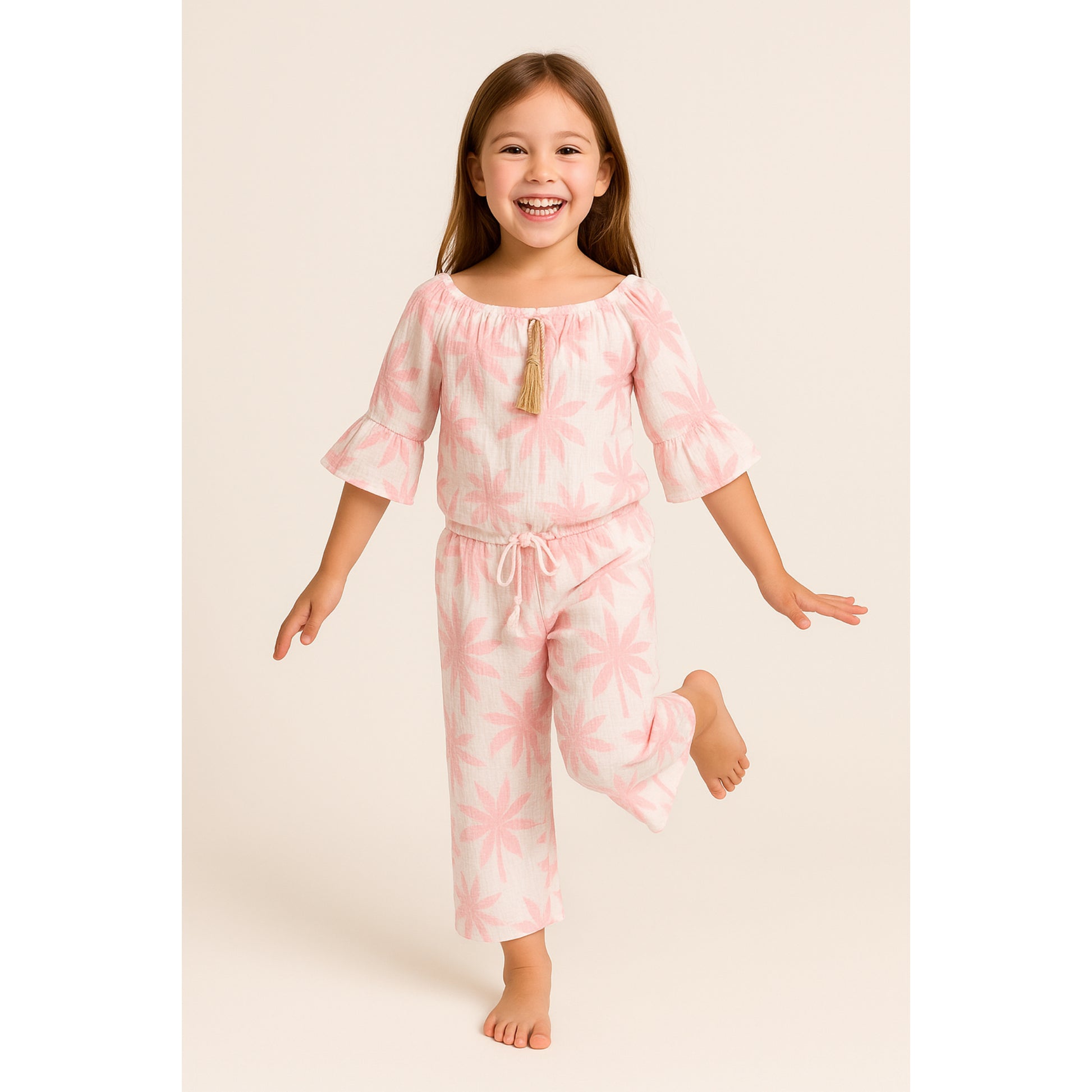 Meisjes set met bloemenprint – off-shoulder top & broek