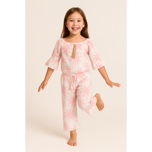Meisjes set met bloemenprint – off-shoulder top & broek