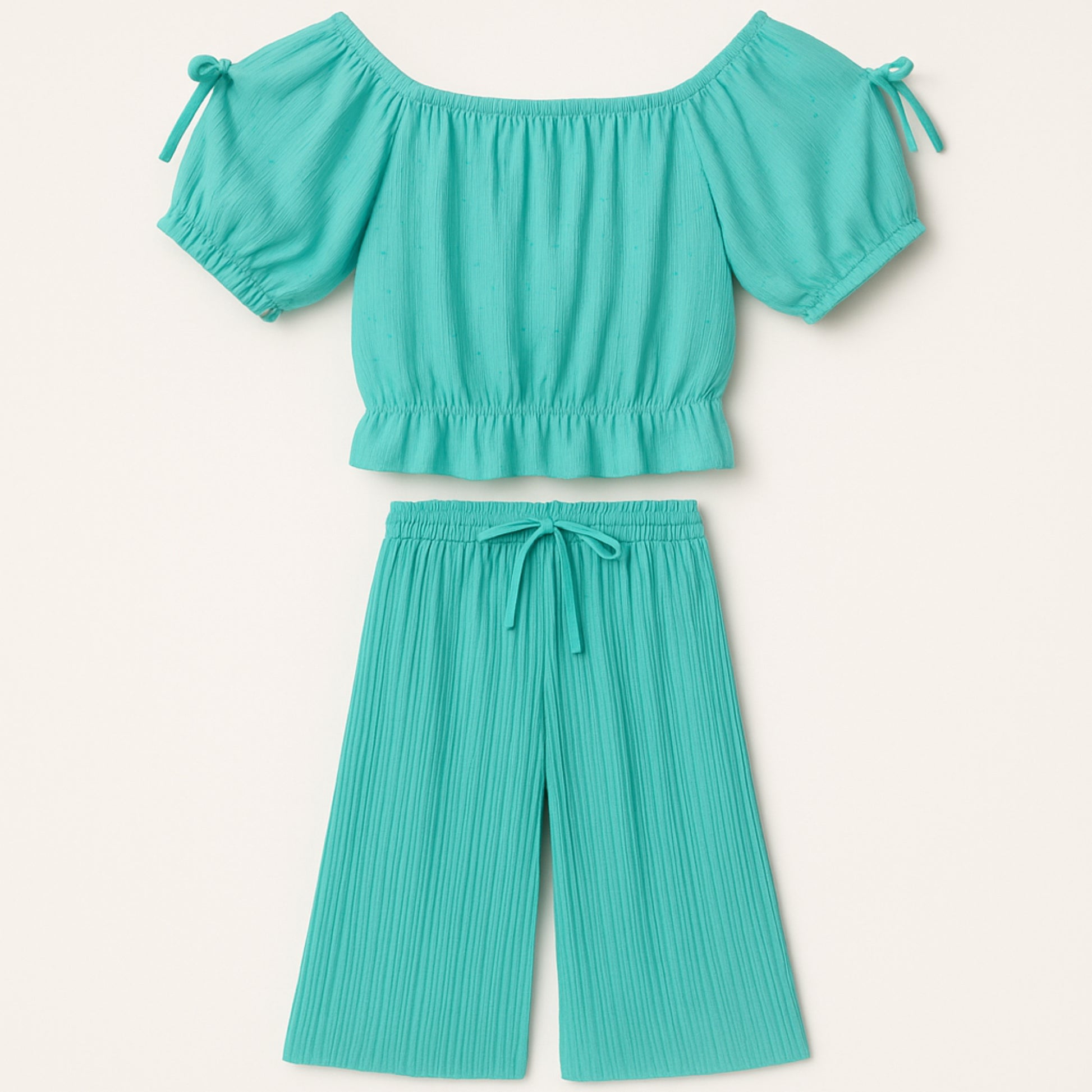 Meisjes set in aqua blauw – off-shoulder top met wijde broek