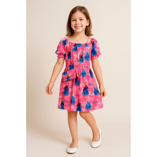 Meisjesjurk Frozen met roze print – comfortabele prinsessenjurk