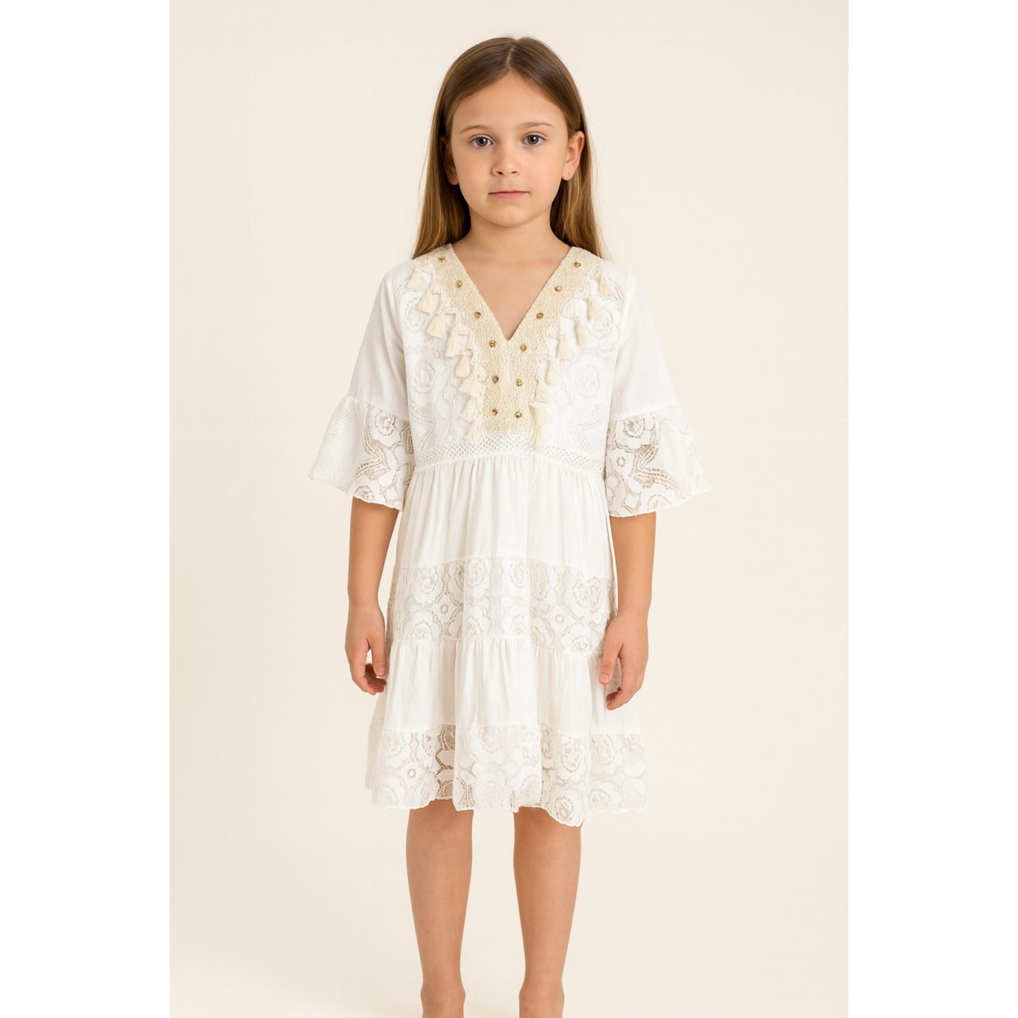 Meisjes Jurk met Boho Stijl en Kwastjes – Crème Katoen