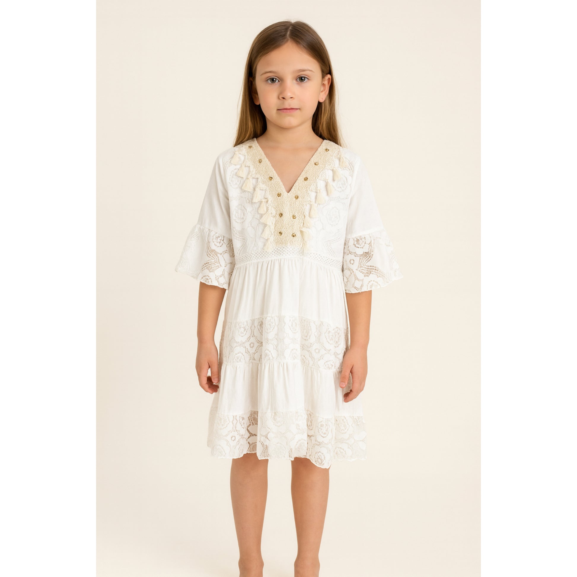Meisjes Jurk met Boho Stijl en Kwastjes – Crème Katoen