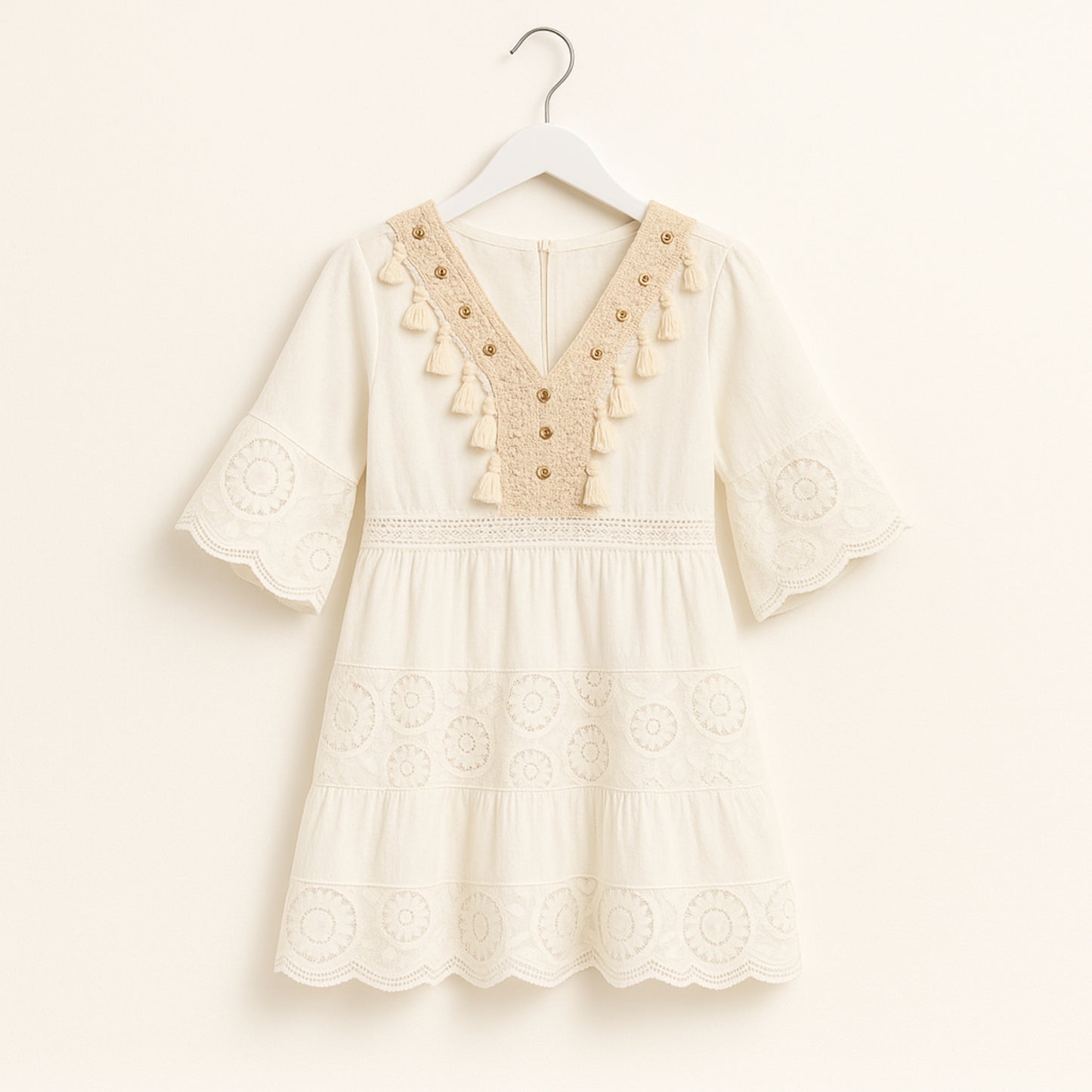 Meisjes Jurk met Boho Stijl en Kwastjes – Crème Katoen
