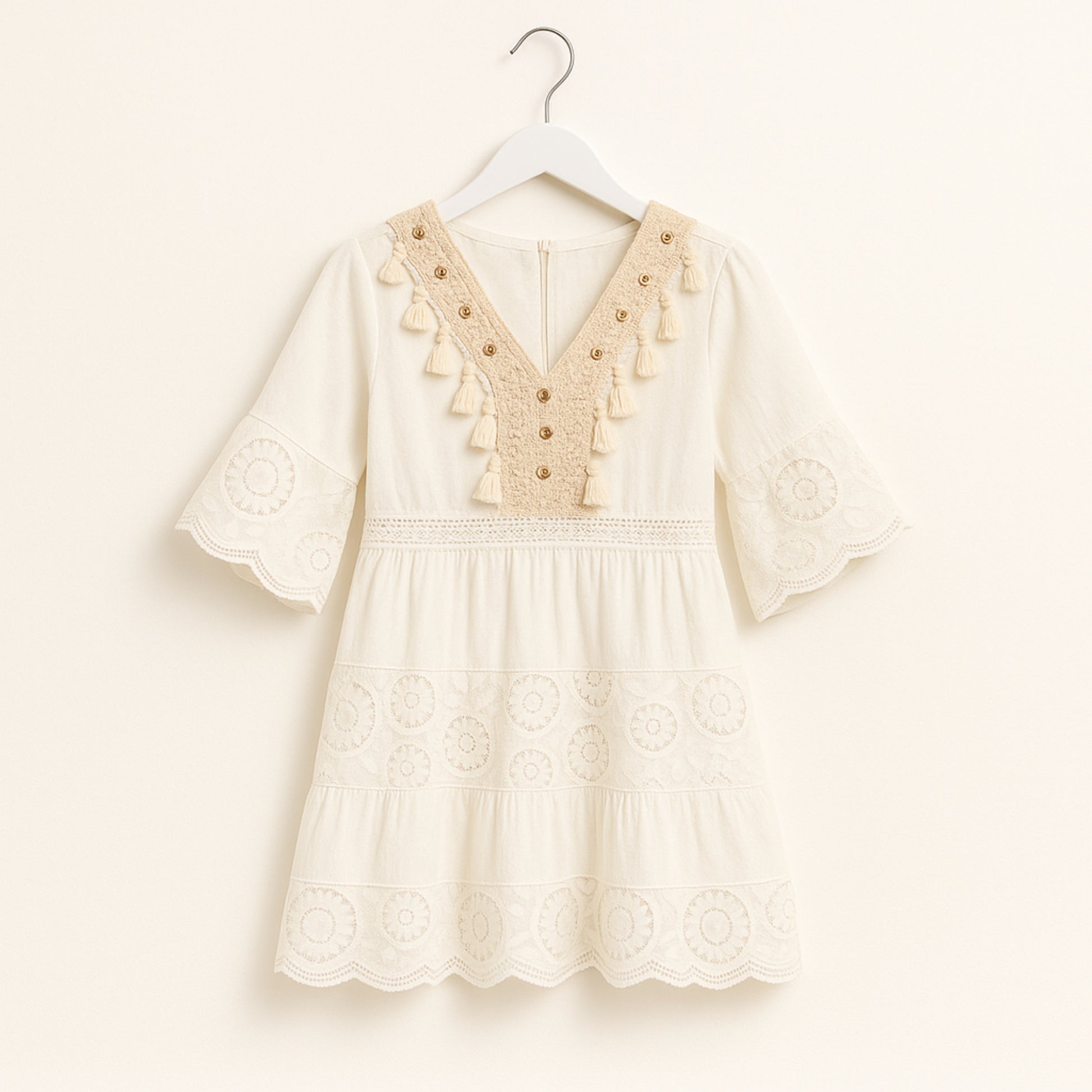 Meisjes Jurk met Boho Stijl en Kwastjes – Crème Katoen