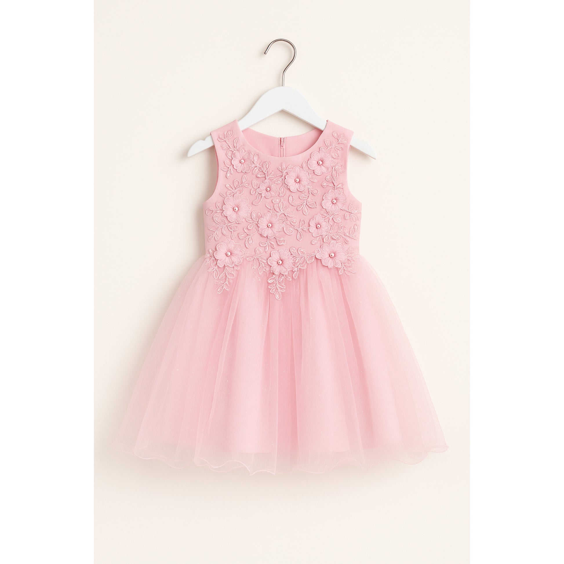 Roze Tule Feestjurk met 3D Bloemen en Parelaccenten