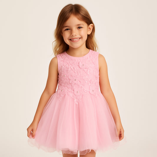 Roze Tule Feestjurk met 3D Bloemen en Parelaccenten