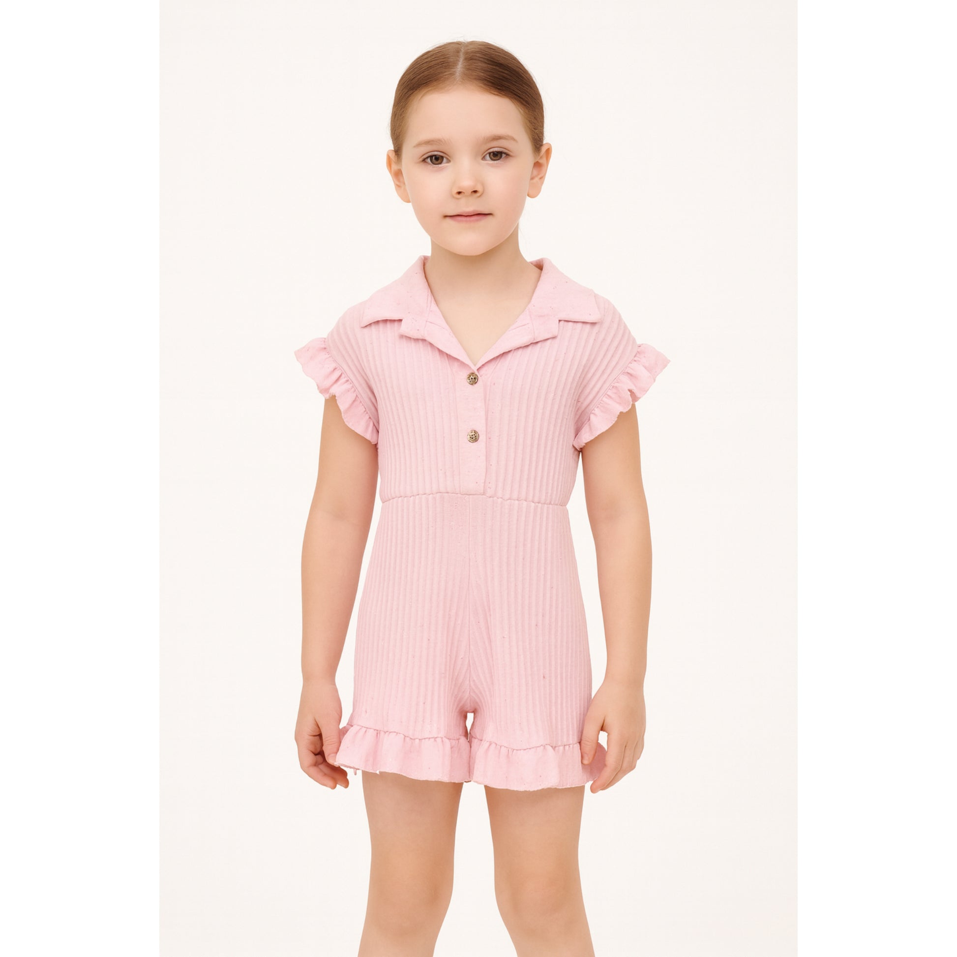 Meisjes romper roze met kraag en ruffle details – zomerse jumpsuit