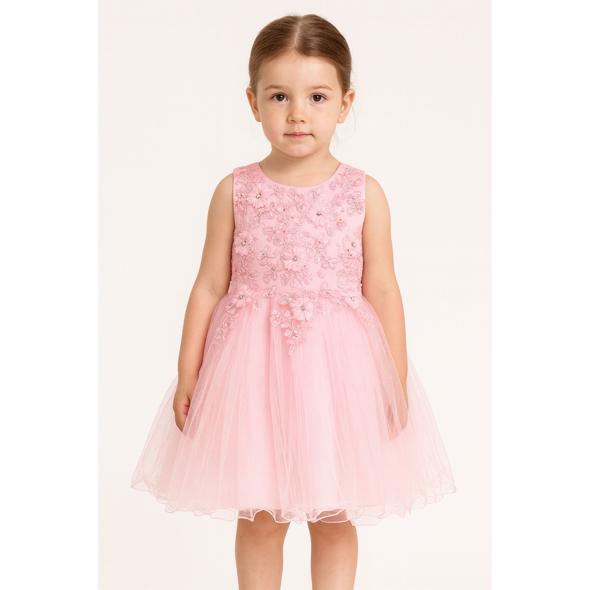Roze Tule Feestjurk met 3D Bloemen en Parelaccenten