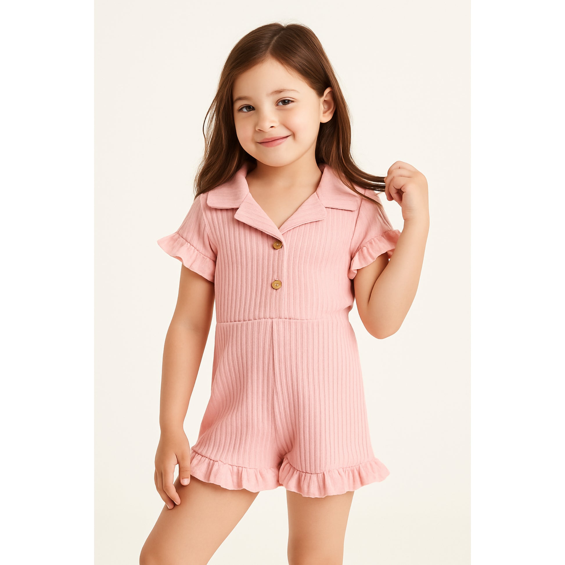 Meisjes romper roze met kraag en ruffle details – zomerse jumpsuit