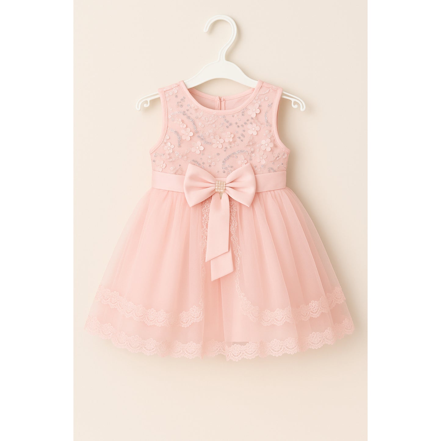 Meisjes Roze Tule Jurk met Strik en Kantdetails