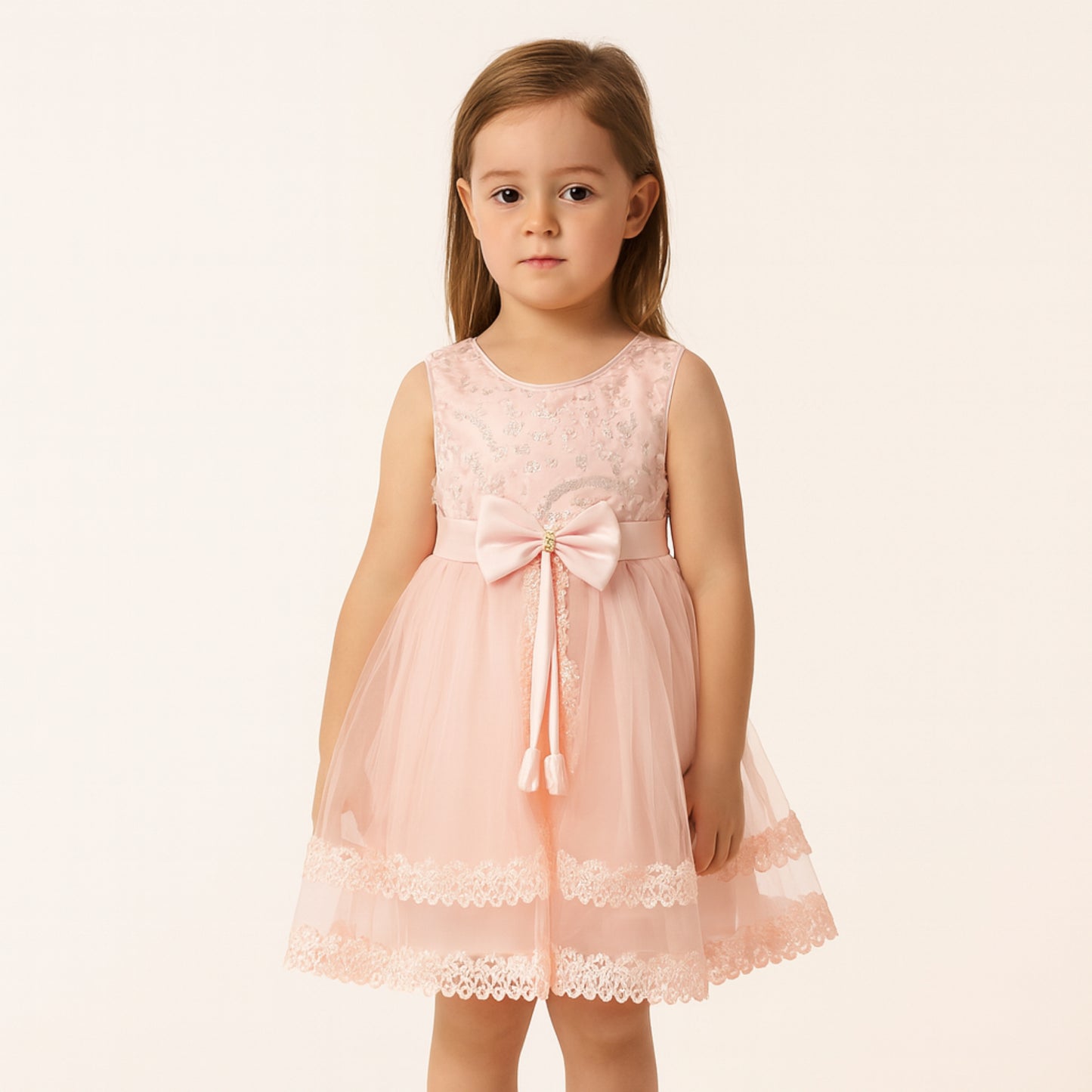 Meisjes Roze Tule Jurk met Strik en Kantdetails
