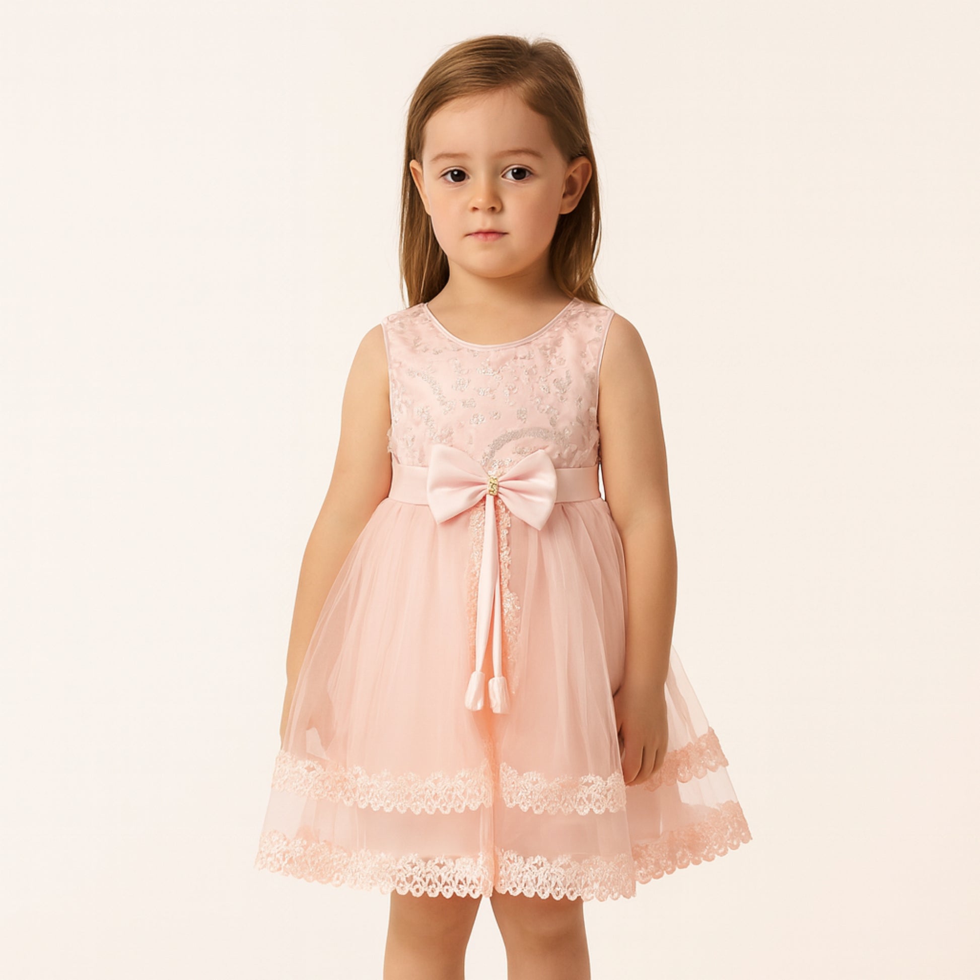 Meisjes Roze Tule Jurk met Strik en Kantdetails