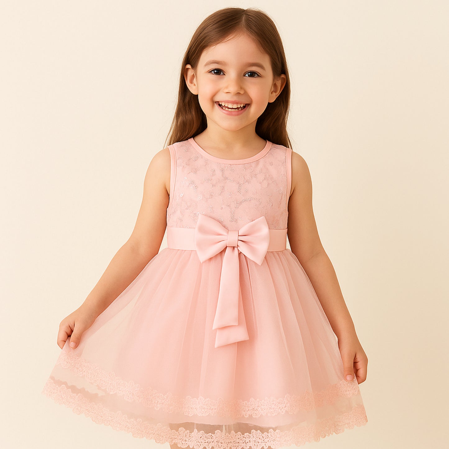 Meisjes Roze Tule Jurk met Strik en Kantdetails