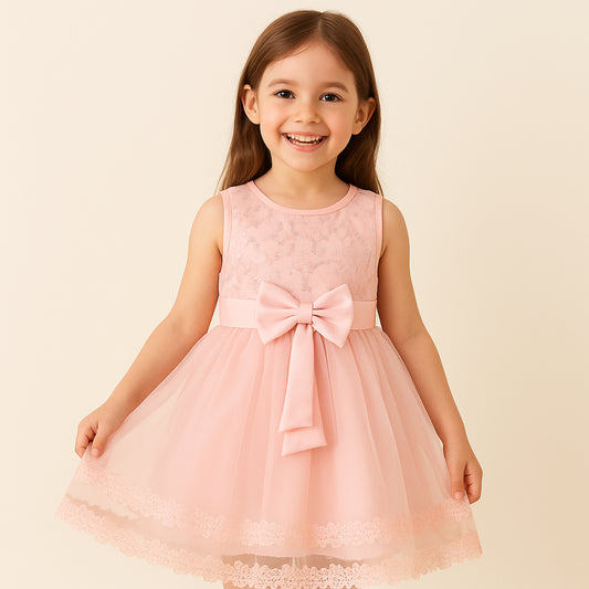 Meisjes Roze Tule Jurk met Strik en Kantdetails