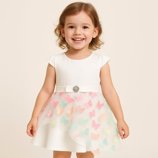 Meisjes Witte Vlinderjurk met Pastel 3D Appliqués